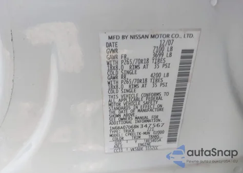 2008 Nissan Titan Le/Se/Xe from USA, damaged, VIN 1N6BA07D68N347567